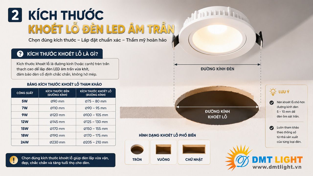 Kích thước khoét lỗ đèn LED âm trần luôn được nhà sản xuất công bố trên bao bì sản phẩm