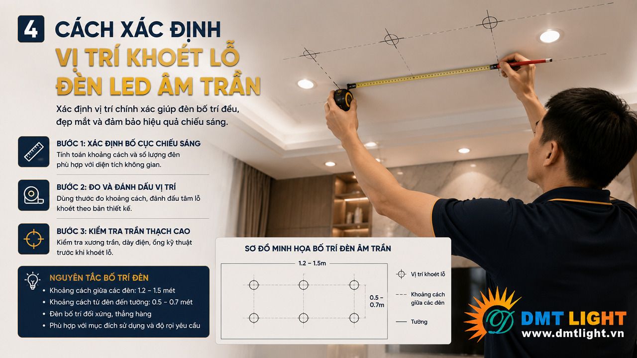 Phân chia khoảng cách lắp đặt đèn khi xác định vị trí khoét lỗ