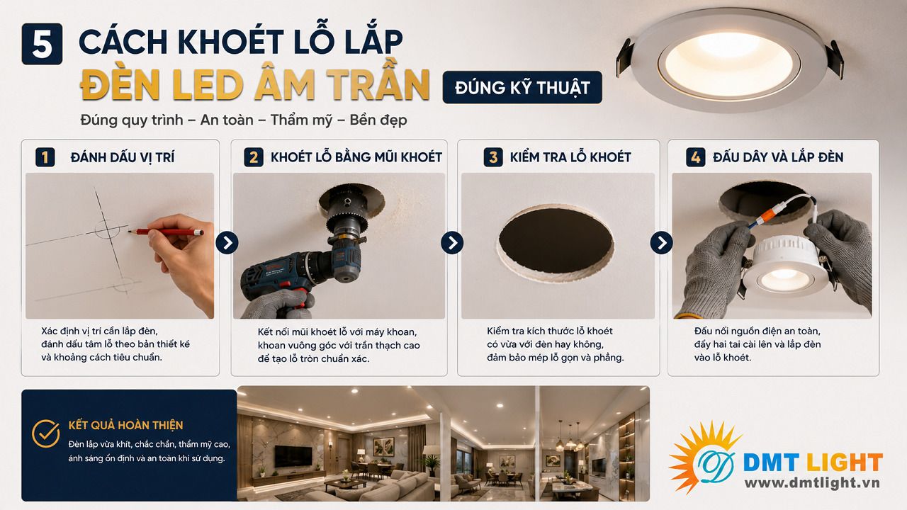 Đảm bảo đấu nối nguồn điện chính xác khi khoét lỗ lắp đặt đèn LED âm trần