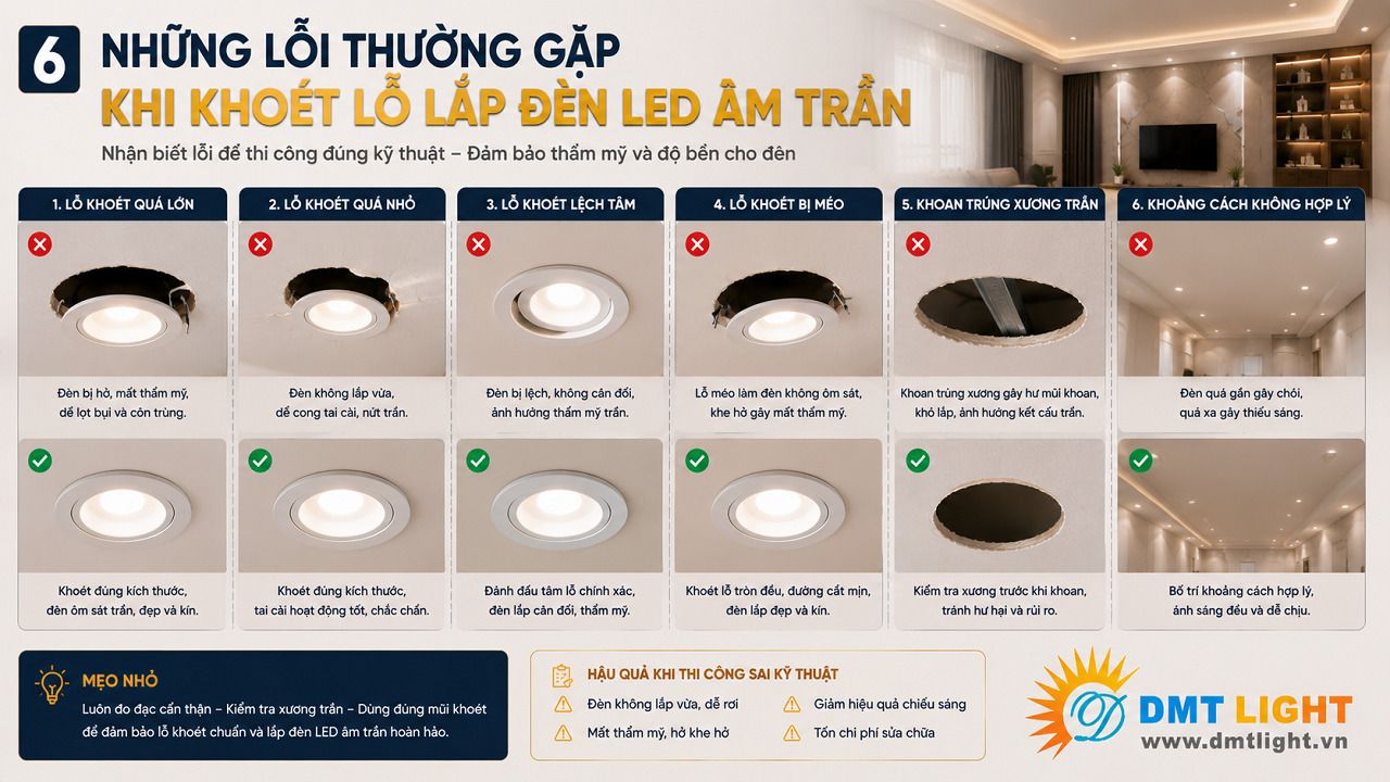 Khoét sai kích thước lỗ đèn LED âm trần là lỗi phổ biến