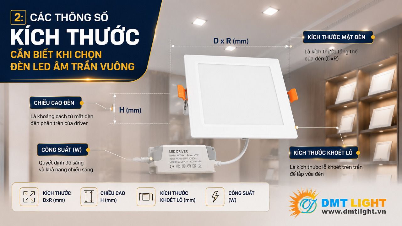 Chọn đèn LED âm trần vuông cần xác định được kích thước thân đèn