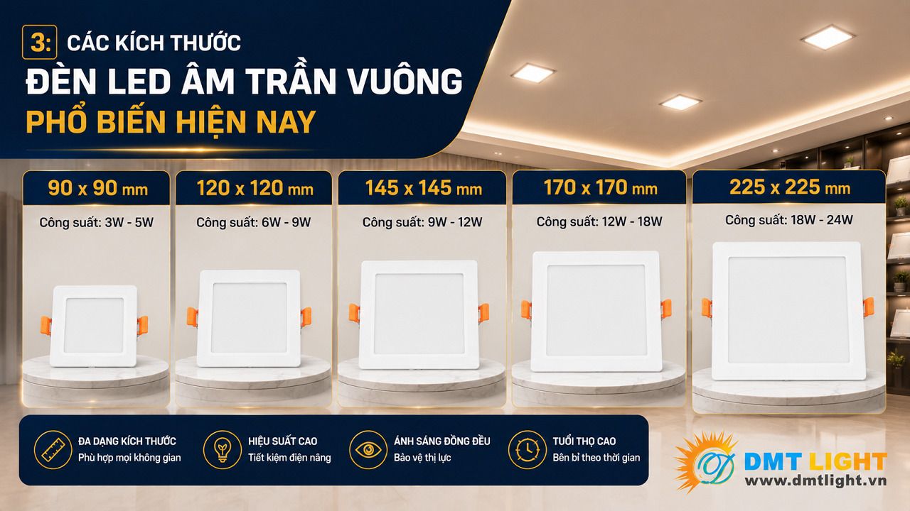 Có 3 kích thước đèn LED âm trần vuông phổ biến hiện nay