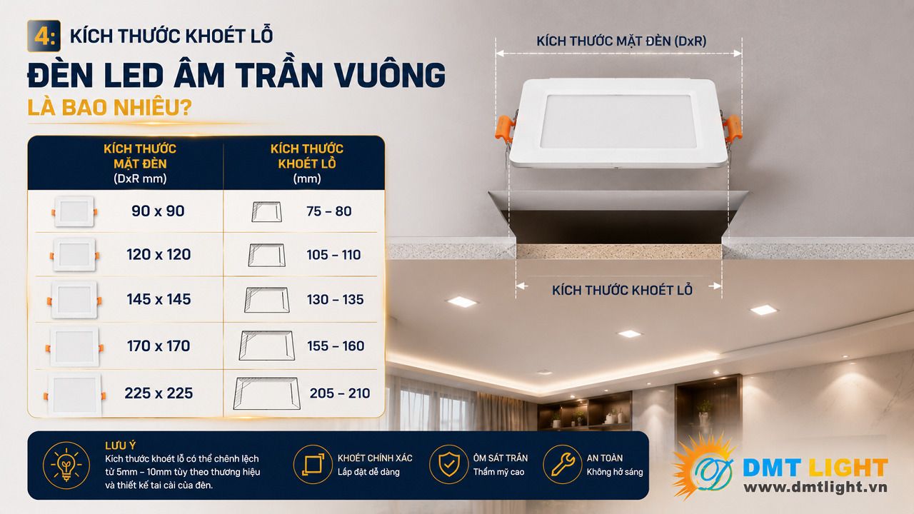 Đèn LED âm trần vuông có đa dạng kích thước, đáp ứng nhu cầu của người dùng