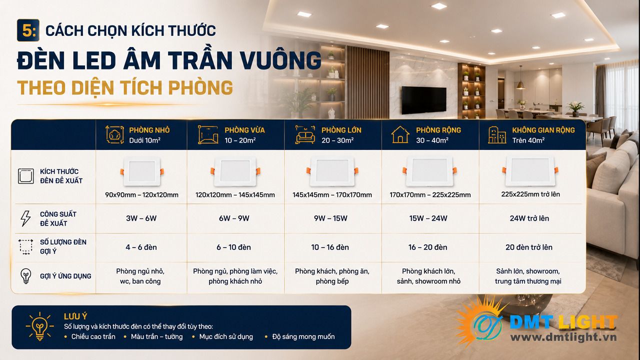 Với không gian lớn như sảnh hội nghị nên chọn đèn có kích thước 280 x 280 mm