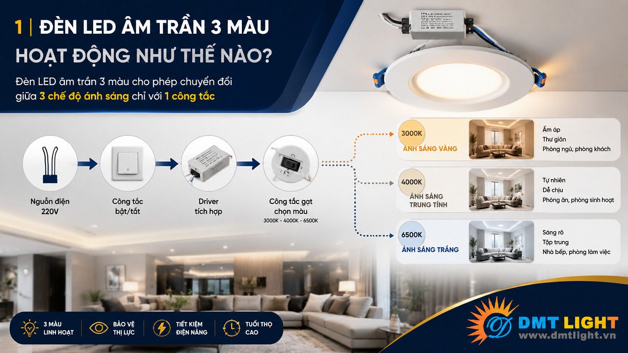 Đèn LED âm trần 3 màu hoạt động dựa trên bộ điều khiển thông minh lập trình sẵn
