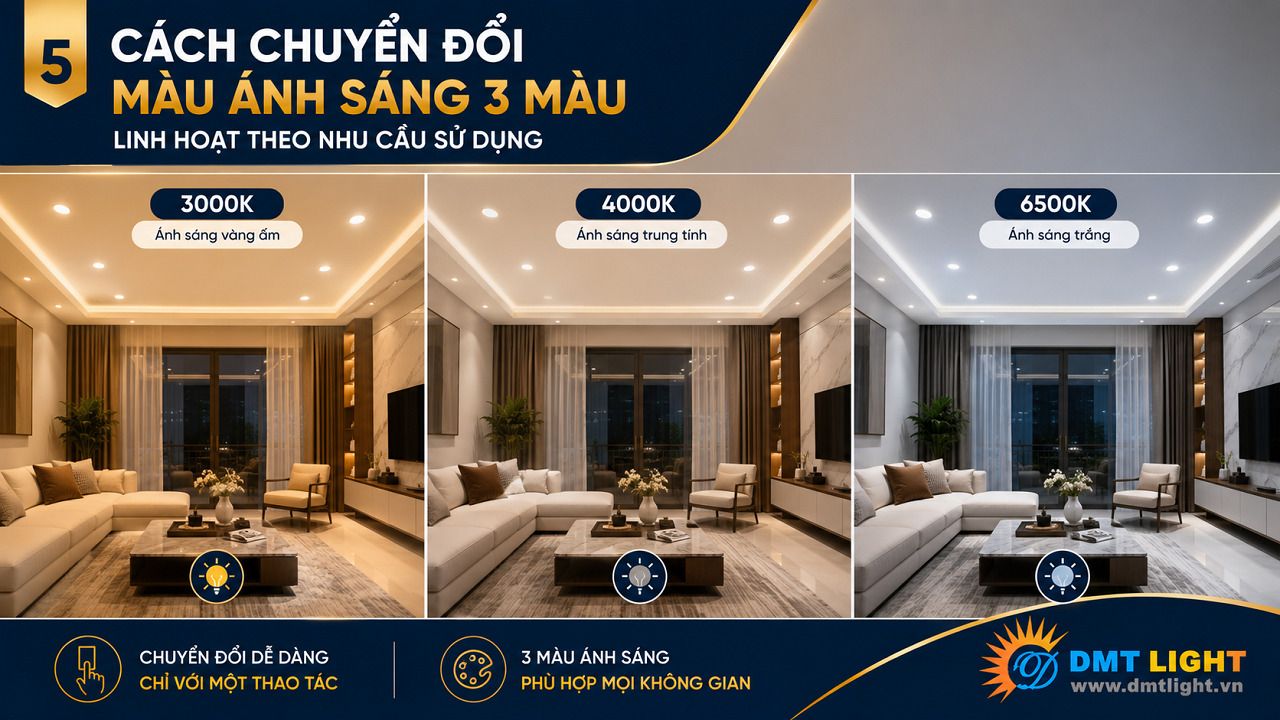 Chuyển đổi màu ánh sáng đèn LED âm trần 3 màu dễ dàng theo hướng dẫn