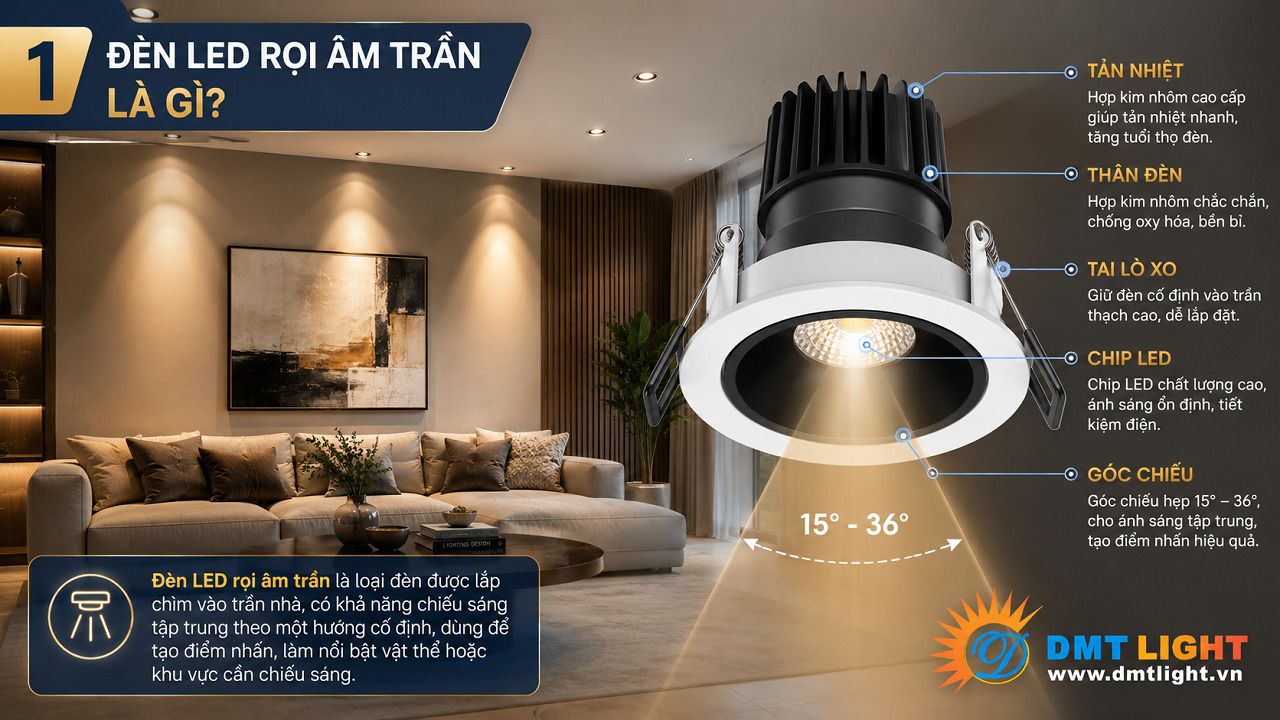 Đèn LED rọi âm trần là thiết bị chiếu sáng được lắp đặt chìm vào trần nhà