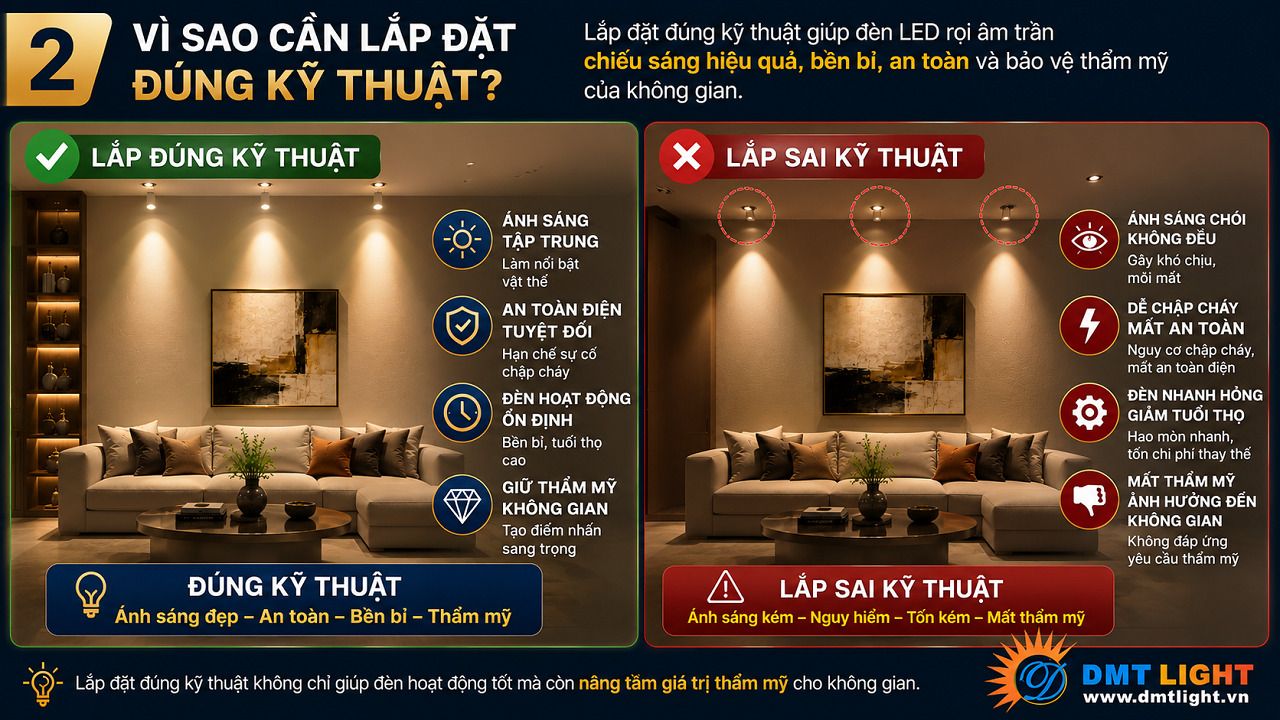 Lắp đặt đèn LED rọi âm trần đúng kỹ thuật giúp nâng cao thẩm mỹ cho không gian