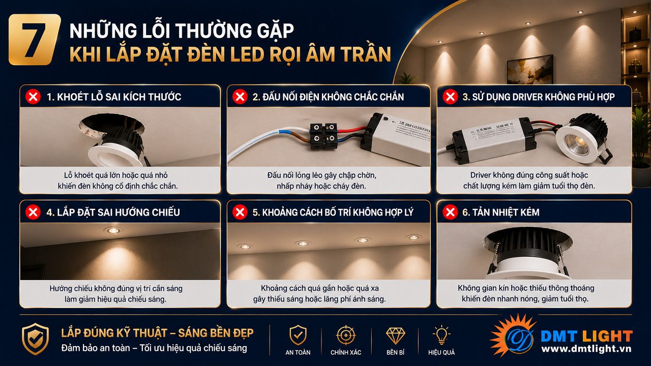 Khoét lỗ sai kích thước là lỗi thường gặp khi lắp đặt thiết bị đèn LED rọi âm trần