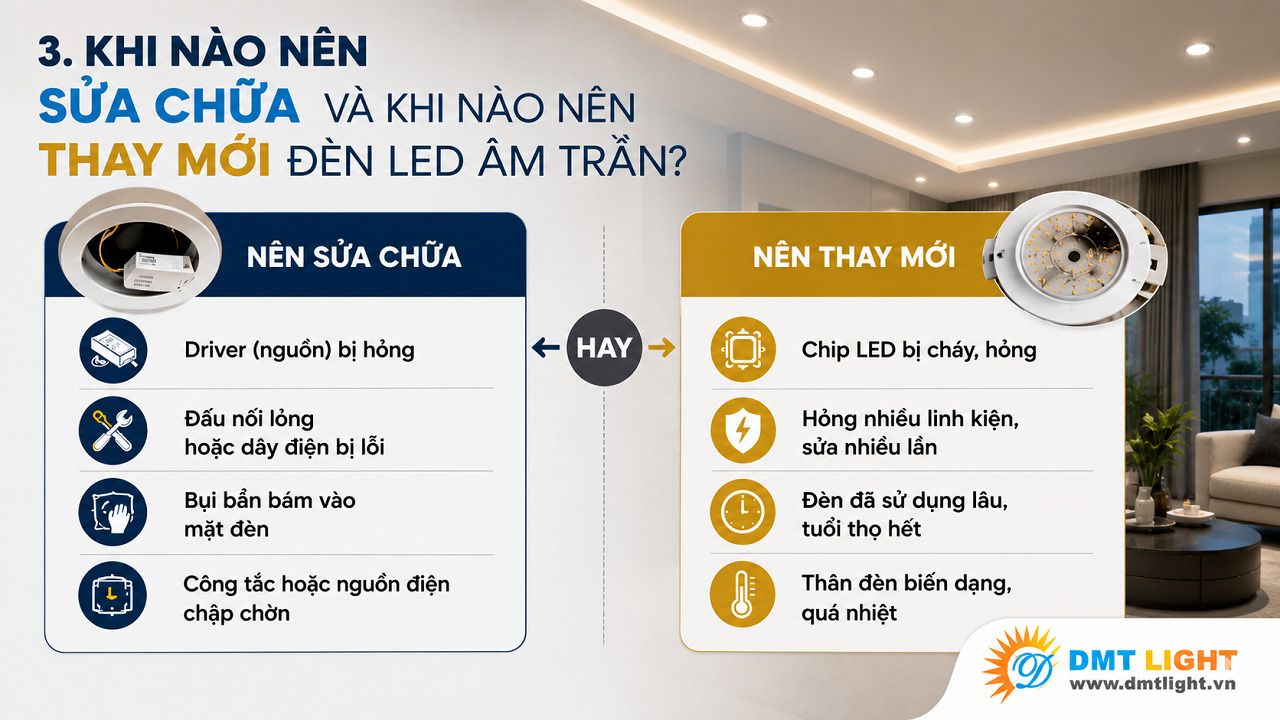 Bạn nên thay mới đèn LED âm trần khi chip LED bị cháy đen