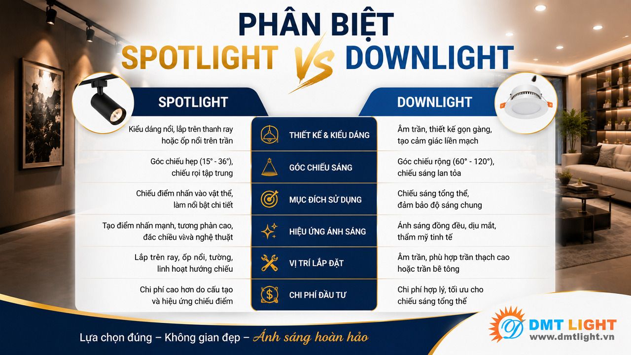 Biết được Spotlight và Downlight khác nhau như thế nào giúp bạn chọn được loại đèn phù hợp