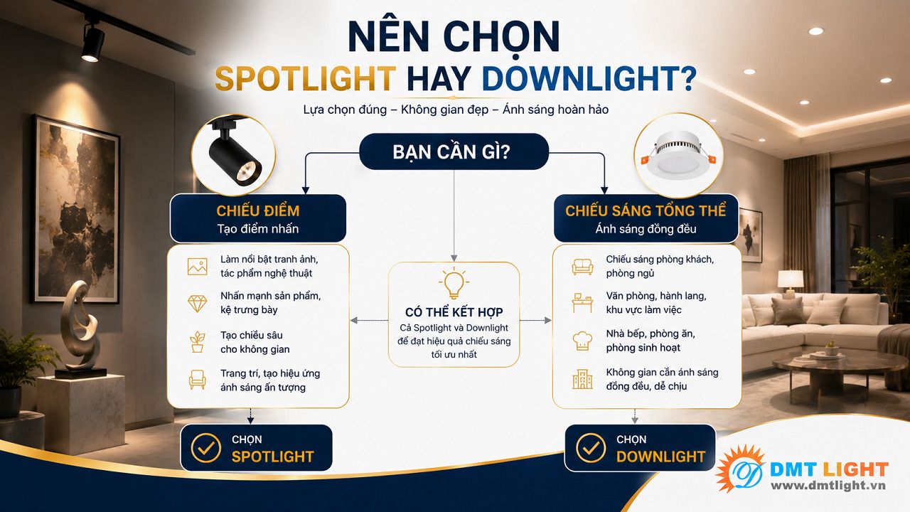 Kết hợp cả 2 loại đèn chiếu sáng giúp đảm bảo ánh sáng cho nhu cầu sử dụng