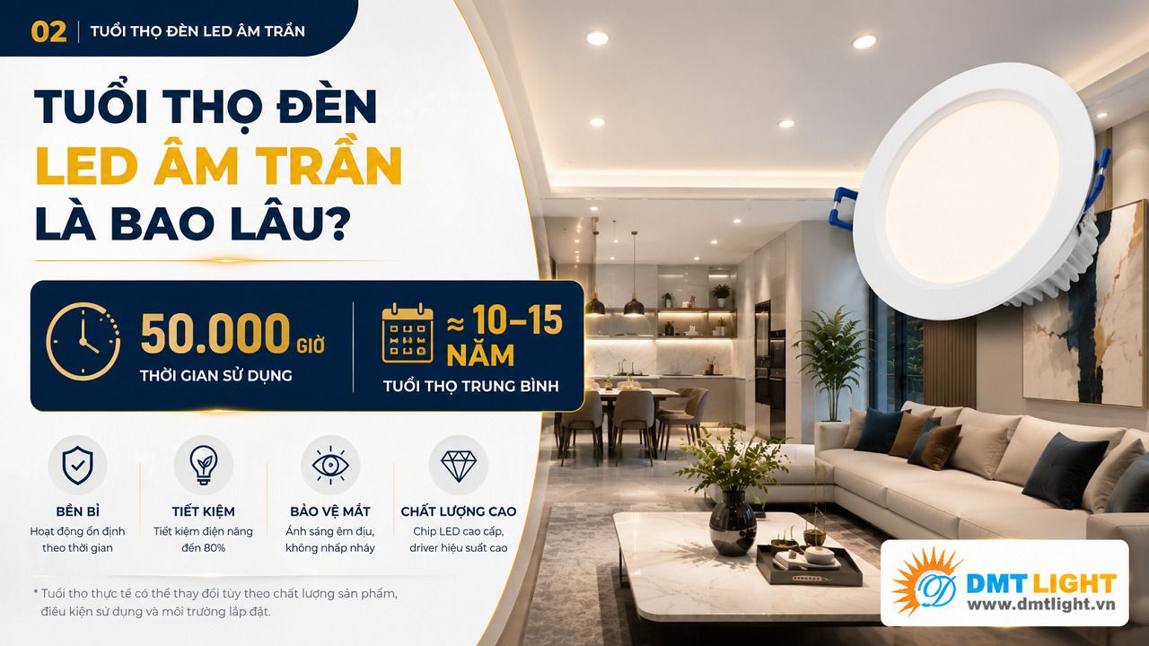 Tuổi thọ của đèn LED âm trần dao động từ 30.000 - 50.000 giờ