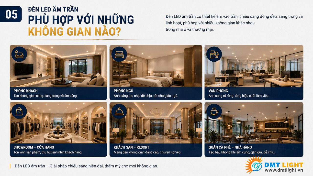 Đèn LED âm trần phù hợp lắp đặt trong khách sạn cao cấp