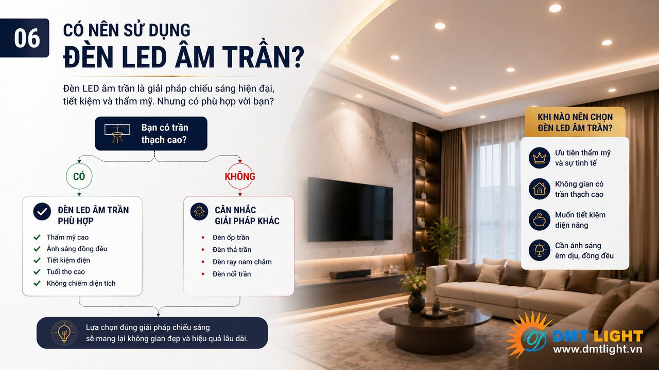 Bạn nên sử dụng đèn LED âm trần với không gian sử dụng trần thạch cao