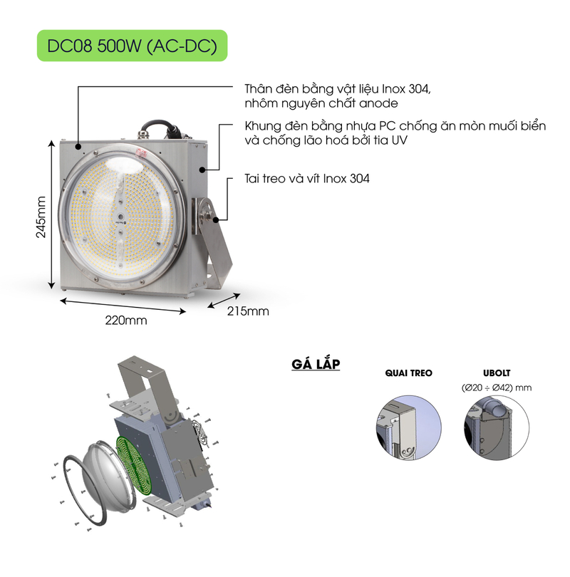 Đèn LED đánh cá 500W Rạng Đông NG-RD-DC08-500W