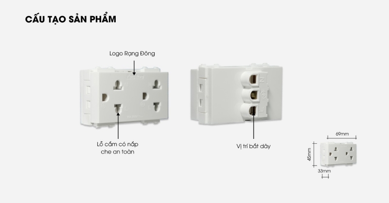 Hạt ổ cắm âm tường Rạng Đông OC-RD-HOC03-2C/16A