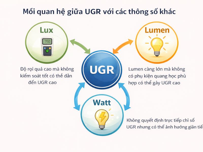 Mối quan hệ giữa UGR Lighting các thông số khác